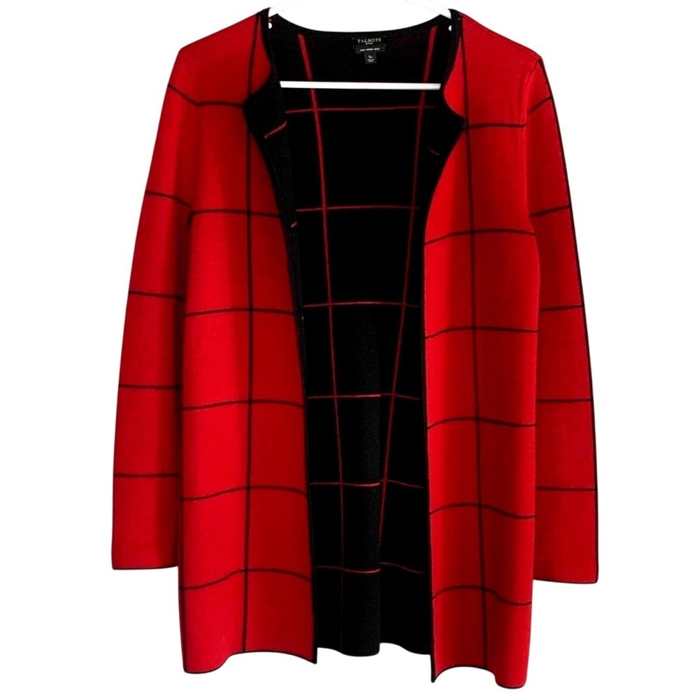 S1 Talbots Cardigan Red Black Windowpane Merino Wool Open Front Longline Sweater